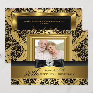 Invitation Photo de ruban en damas doré pour 50e anniversaire