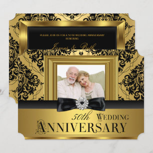 Invitation Photo de ruban en damas doré pour 50e anniversaire