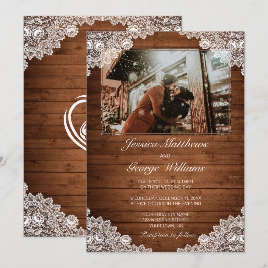 Invitation Photo de Rustic Wood & White Lace Wedding (Devant / Derrière)