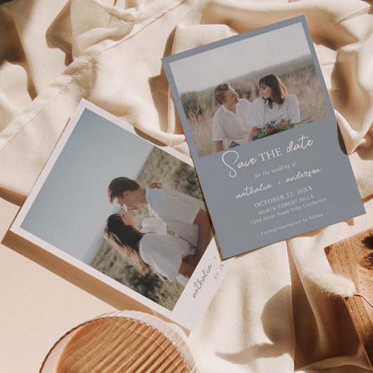Invitation Photo de script bleu Dusty moderne Enregistrer la