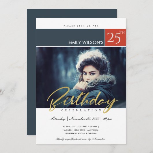 INVITATION PHOTO DE SCRIPT BRUSH MODERNE À TOUT ÂGE ANNIVERSA (Devant / Derrière)