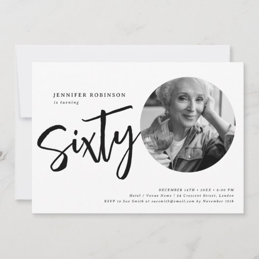 Invitation Photo de script moderne 60e anniversaire noir et b (Devant)