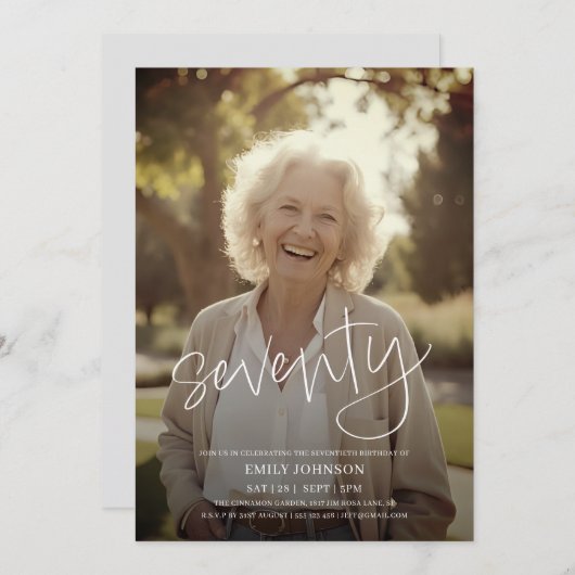 Invitation Photo de script moderne minimal 70e anniversaire (Devant / Derrière)