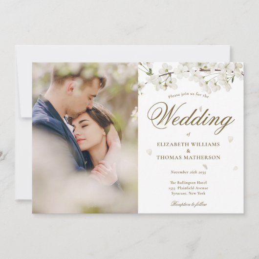 Invitation Photo de script or floral en fleurs blanches (Devant)