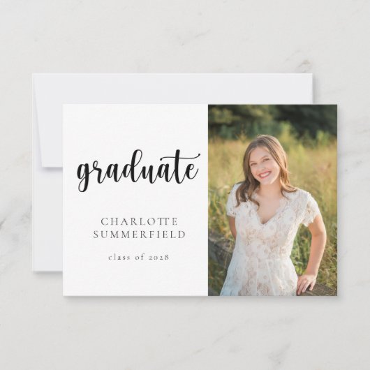 Invitation Photo de script tendance noir & blanc Graduation (Devant)