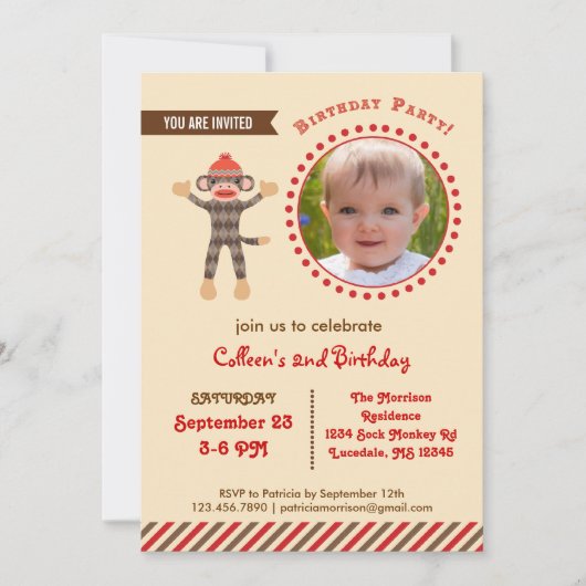 Invitation photo de Sock Monkey Birthday (Devant)