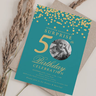 Invitation Photo de SURPRISE 50 Anniversaire Or Confettis Tur
