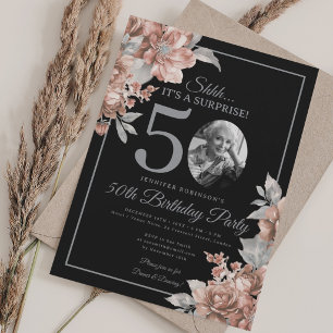 Invitation Photo de SURPRISE 50e Anniversaire Rose Gold Flora