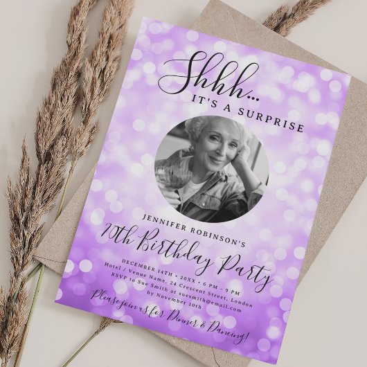 Invitation Photo de SURPRISE 70e Anniversaire Violet Sparkle