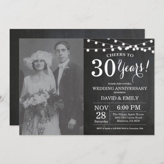 Invitation Photo de tableau noir pour les 30 ans de mariage (Devant / Derrière)