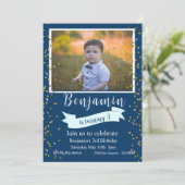 Invitation Photo de troisième anniversaire bleu et or (Debout devant)