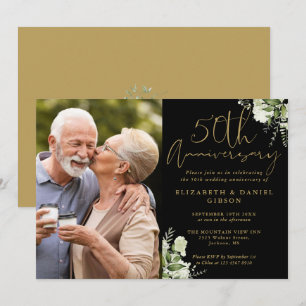 Invitation Photo de verdure noire et or pour le 50e anniversa
