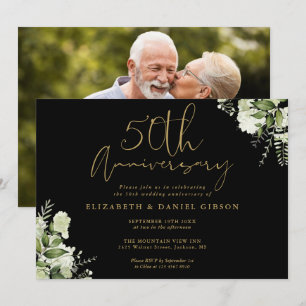 Invitation Photo de verdure noire et or pour le 50e anniversa