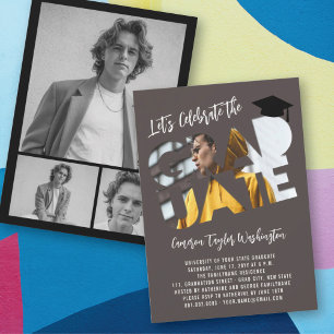 Invitation Photo découpée de diplômé cool Marron Fête de remi