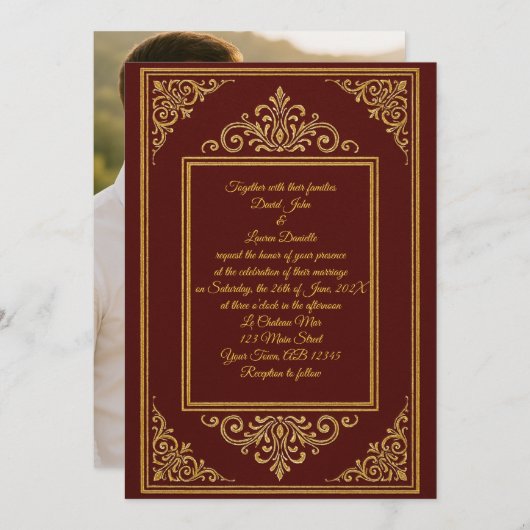 Invitation photo Deep Red & Gold Embossée Filigree (Devant / Derrière)