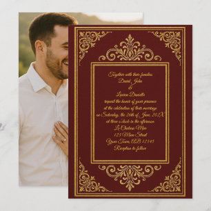 Invitation photo Deep Red & Gold Embossée Filigree