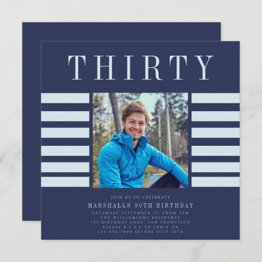 Invitation Photo design moderne mens bleu 30e anniversaire (Devant / Derrière)