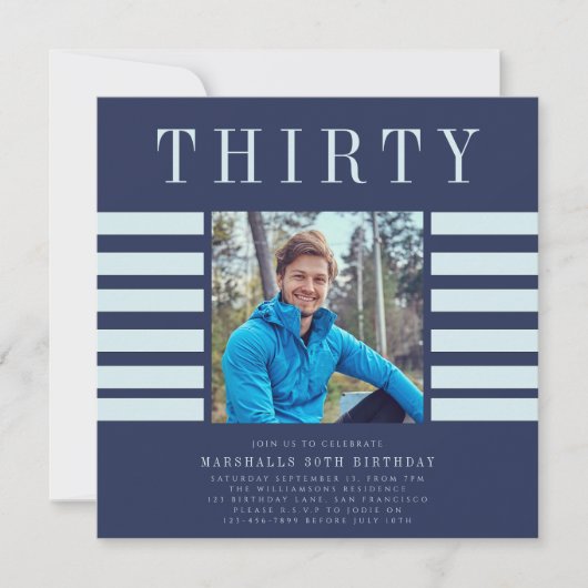 Invitation Photo design moderne mens bleu 30e anniversaire (Devant)