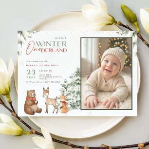 Invitation Photo d'hiver d'animaux Enfant d'un an Premier ann