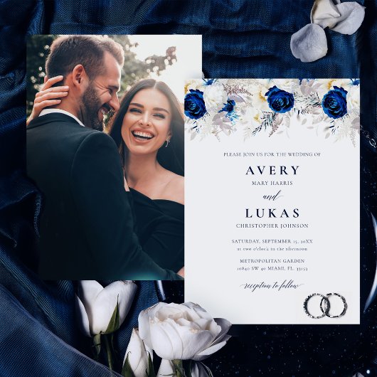 Invitation Photo d'hiver moderne bleu et blanc Mariage floral