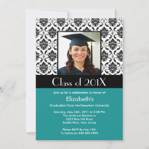 Invitation Photo d'invitation à la graduation Turquoise Damas