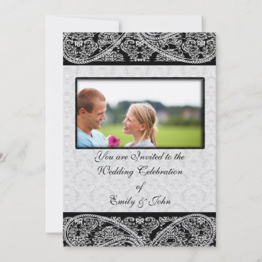 Invitation Photo d'invitation Monogram Black Mariage damassé (Devant)