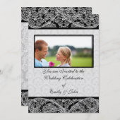 Invitation Photo d'invitation Monogram Black Mariage damassé (Devant / Derrière)