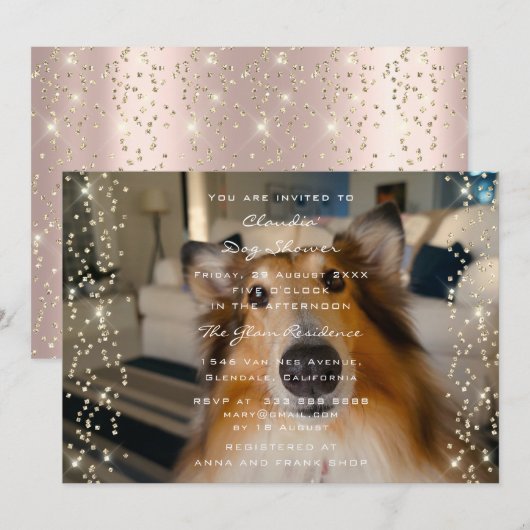 Invitation Photo DOG Douche Anniversaire Rose Gold Confetti (Devant / Derrière)