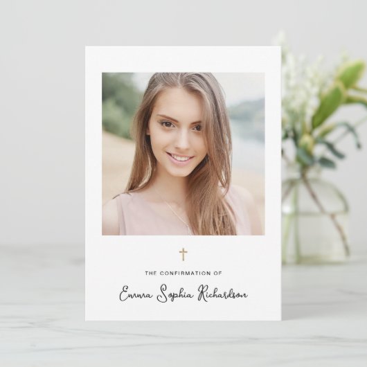 Invitation Photo douce et simple et confirmation Gold Cross (Debout devant)