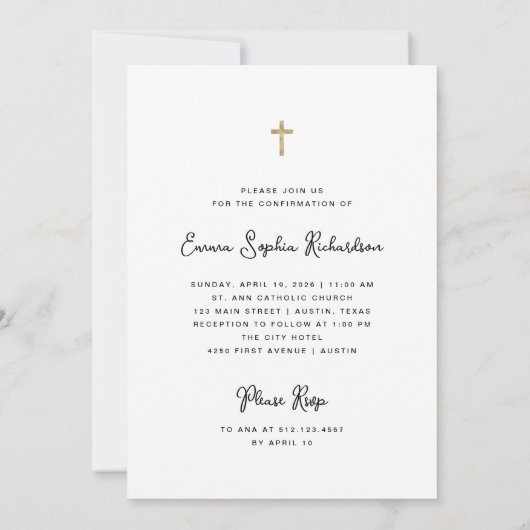 Invitation Photo douce et simple et confirmation Gold Cross (Dos)