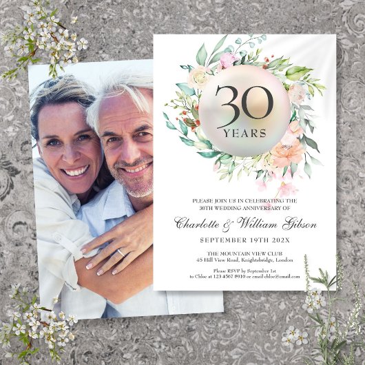 Invitation Photo du 30e anniversaire du Mariage Rose Floral P