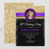 Invitation Photo du 30e anniversaire - Noir d'or violet (Devant / Derrière)