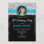 Invitation Photo du 30e anniversaire - Silver Black Aqua Blue<br><div class="desc">30e anniversaire Invitation avec votre photo Design élégant en noir,  faux argent parties scintillant avec une pointe de bleu aqua. Parfait pour une fête du trentième anniversaire féminin. Il peut être customisé pour n'importe quel âge !</div>