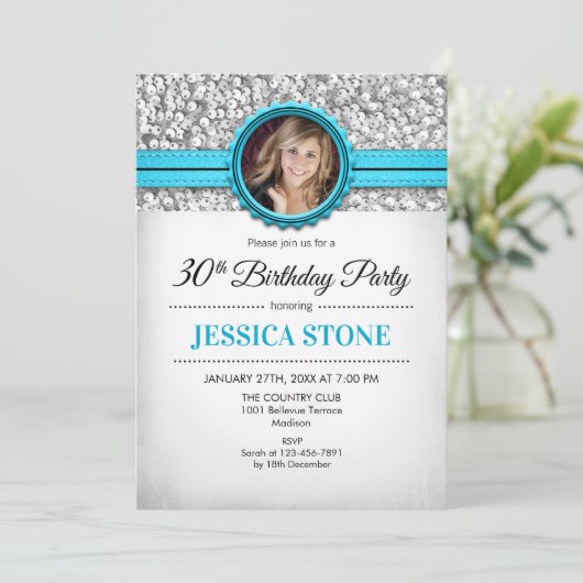 Invitation Photo du 30e anniversaire - Silver White Aqua Blue (Debout devant)