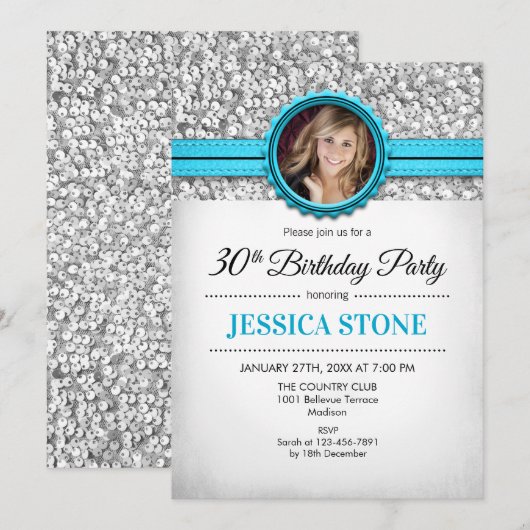 Invitation Photo du 30e anniversaire - Silver White Aqua Blue (Devant / Derrière)