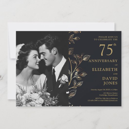 Invitation Photo du 75e anniversaire du Mariage Black And Gol (Devant)