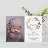 Invitation Photo du baptême | Violet Golden Botanical Invitat (Debout devant)
