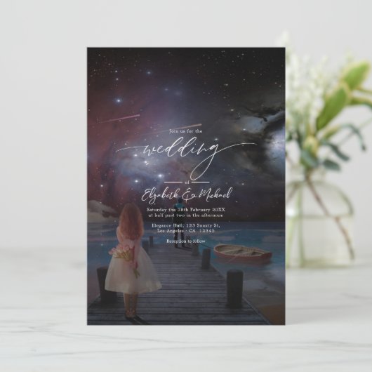 Invitation Photo du code QR du Mariage Starry Night Docside (Debout devant)