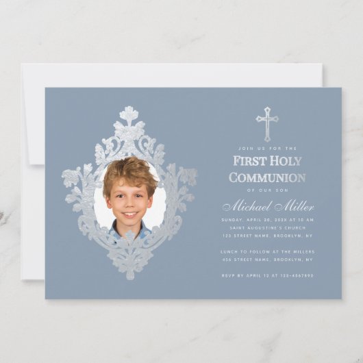 Invitation Photo du garçon de la première communion Dusty Blu (Devant)