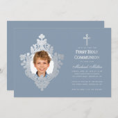 Invitation Photo du garçon de la première communion Dusty Blu (Devant / Derrière)
