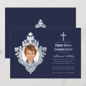 Invitation Photo du garçon Première communion Marine Blue Fau (Devant / Derrière)