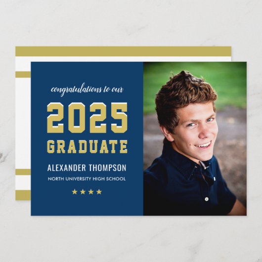 Invitation Photo du Graduate Navy Gold Graduation Party 2025 (Devant / Derrière)
