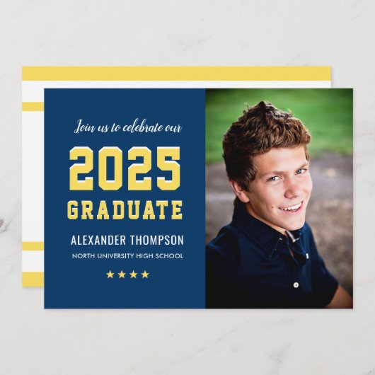 Invitation Photo du Graduate Navy Jaune Graduation Party 2025 (Devant / Derrière)