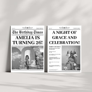 Invitation Photo du journal du 26e anniversaire en noir et bl