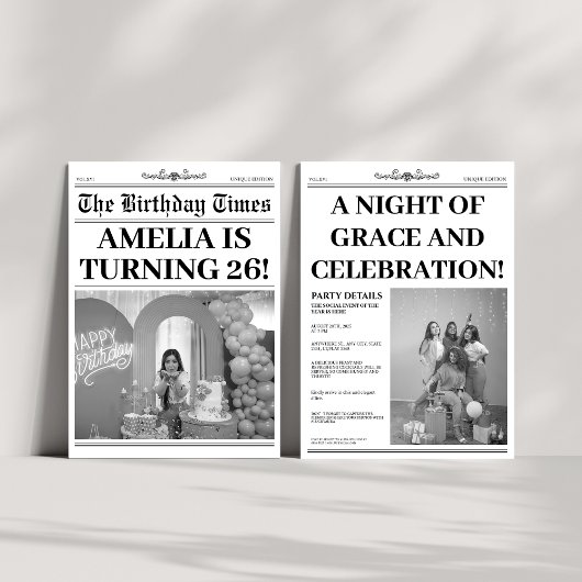 Invitation Photo du journal du 26e anniversaire en noir et bl