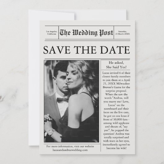 Invitation Photo du journal Sauvegarder la date Mariage (Devant)
