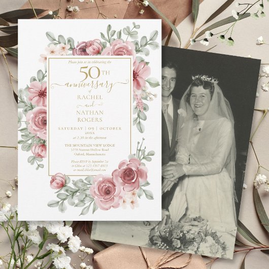 Invitation Photo du Mariage du 50e anniversaire du Rose flora