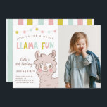 Invitation Photo du parti Anniversaire de enfant Llama Fun<br><div class="desc">Carte modèle d'invitation à la fête d'anniversaire du thème Cute llama illustrant un lama moelleux aux joues roses. Il y a des lampes à cordes colorées en haut avec un texte de script qui dit "Rejoignez-nous pour un plaisir de lama entier." Parfait pour la fête d'anniversaire d'une fille. Vous pouvez...</div>