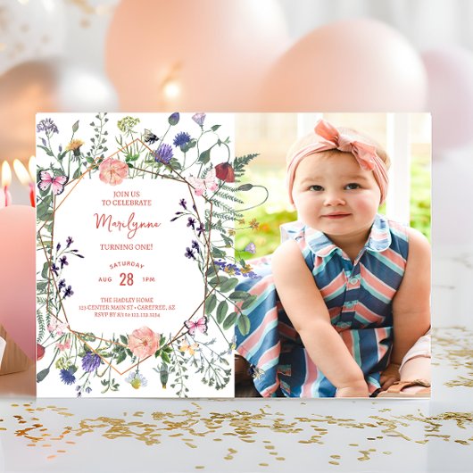 Invitation Photo du premier anniversaire du papillon fleur sa