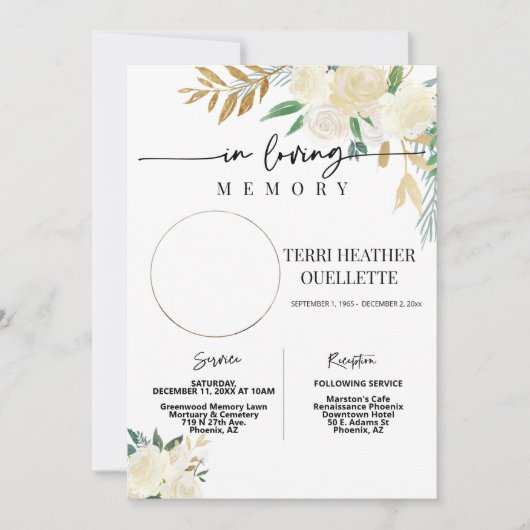 Invitation Photo du service funéraire Floral d'or blanc (Devant)
